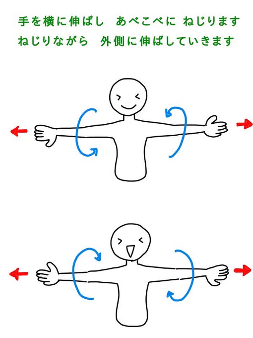 以前
手を後ろにまわして  ねじる体操を
ご紹介しましたが
今日は横です
さらに  同じ方向にねじるのではなく
あべこべにねじります 