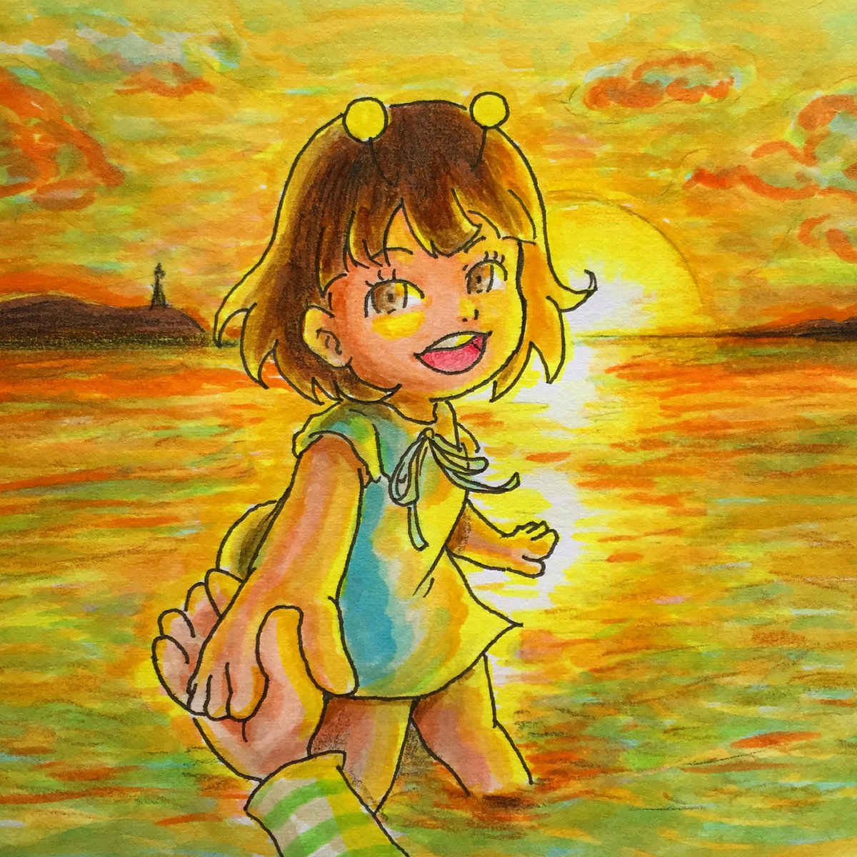 ツネモク ミモにはツム子が光って見えた イラスト Illustration 落書き コピック Copic ミリペン オリキャラ 宇宙人 女の子 夕陽 夕焼け 夏 海 T Co Fnb3lgdqwz