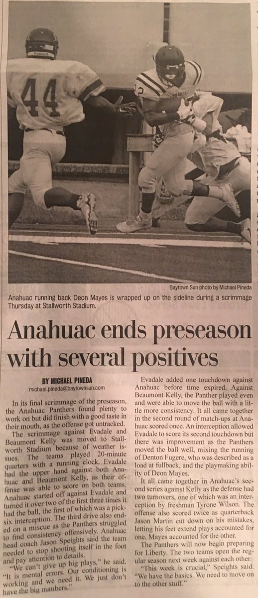 coachroecker's tweet photo. @mpinedaSUN thank u again for covering our scrimmage.  Panther fans write up in last Friday's Baytown Sun. #apnation https://t.co/Lfa05Ytf24