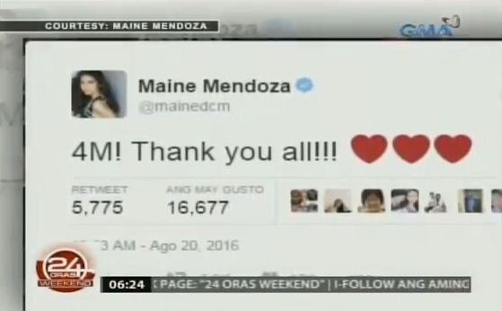 24OrasGMA's tweet photo. #ChikaMinute: Nagpasalamat si @mainedcm sa kaniyang 4 million followers sa Twitter! https://t.co/h96BMih8U1