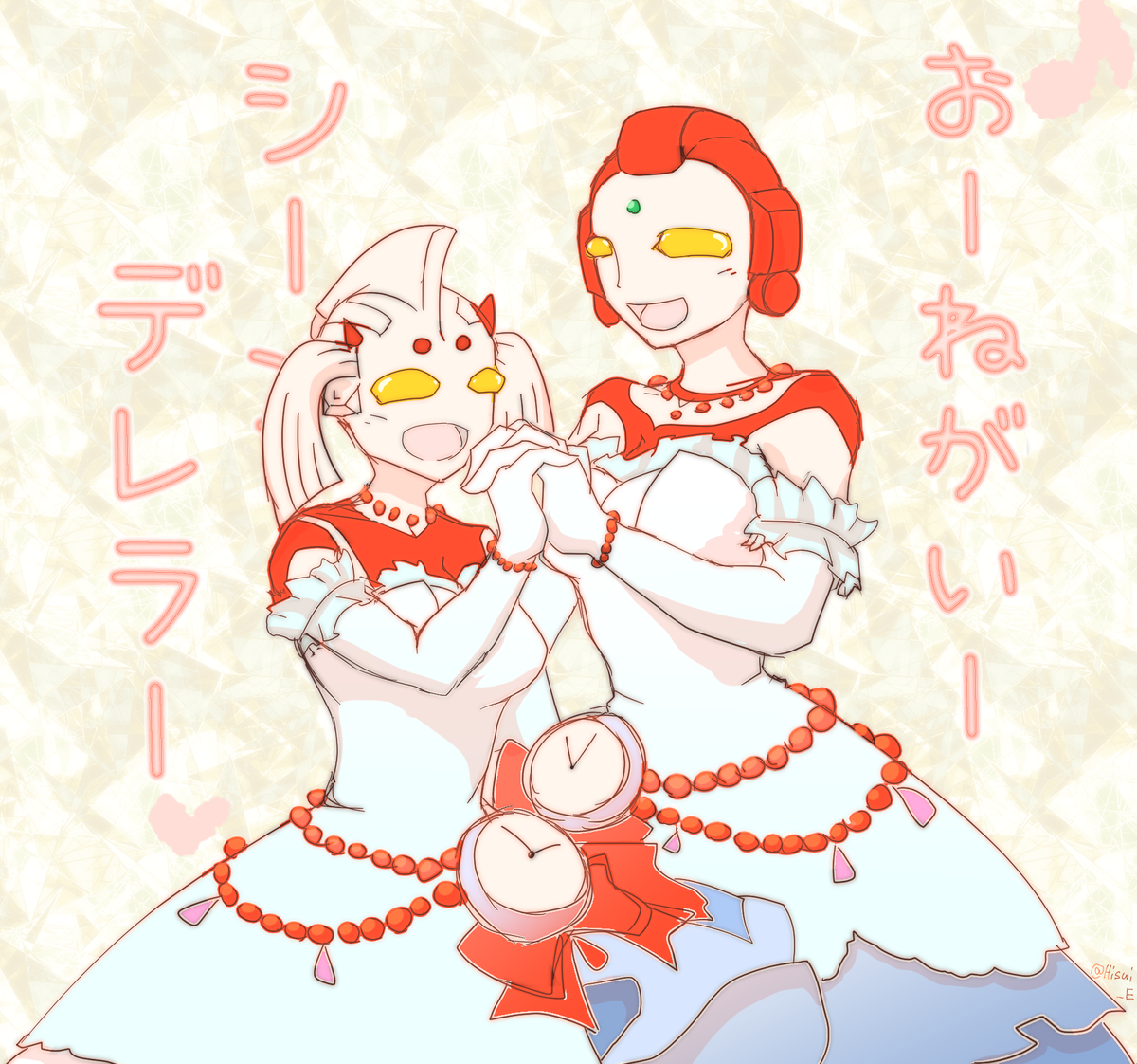 最近アイドルをプロデュースする某スマホゲームしてまして。かわいい衣装で踊ってる女の子たち可愛いなーいいなーウルトラの母とユリアンもこういうの着たら似合うかなーと思ってラクガキ(ノ*・∀・)ノ ついでにアイドルを応援する2人もラクガキ 