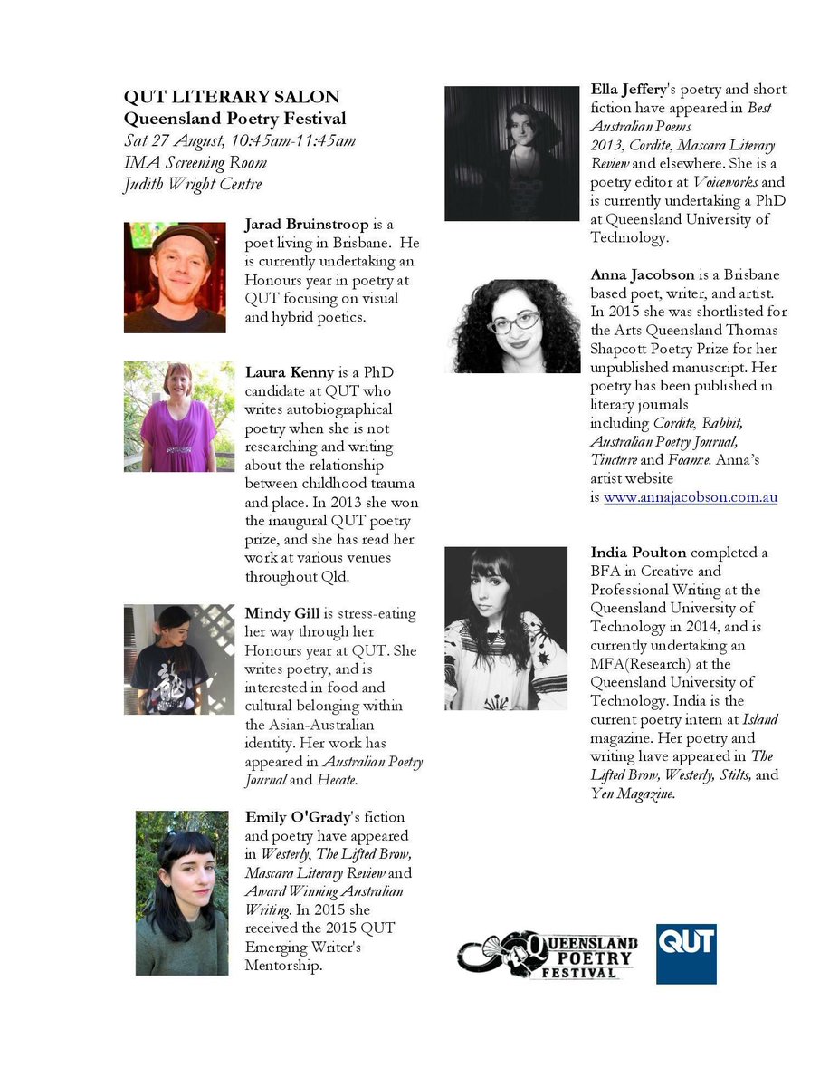 QUTLitSalon's tweet image. .@QUTLitSalon #poetry reading @qldpoetry next Sat! Join us @JWCOCA, 10:45am! #qutcreate #qutcommunicate