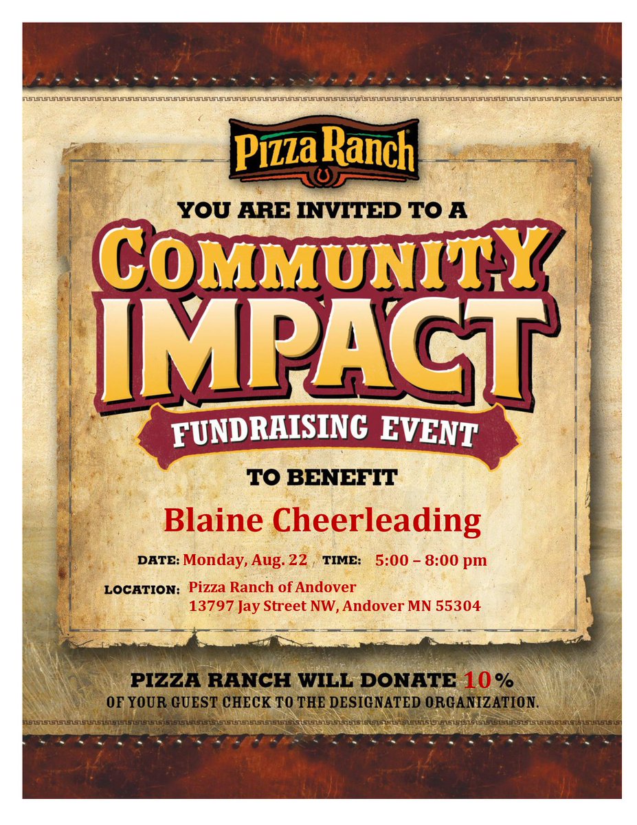 blainecompcheer's tweet photo. Join us tomorrow Aug 22nd at the Pizza Ranch in Andover from 5-8! https://t.co/XqIDFAyLOV