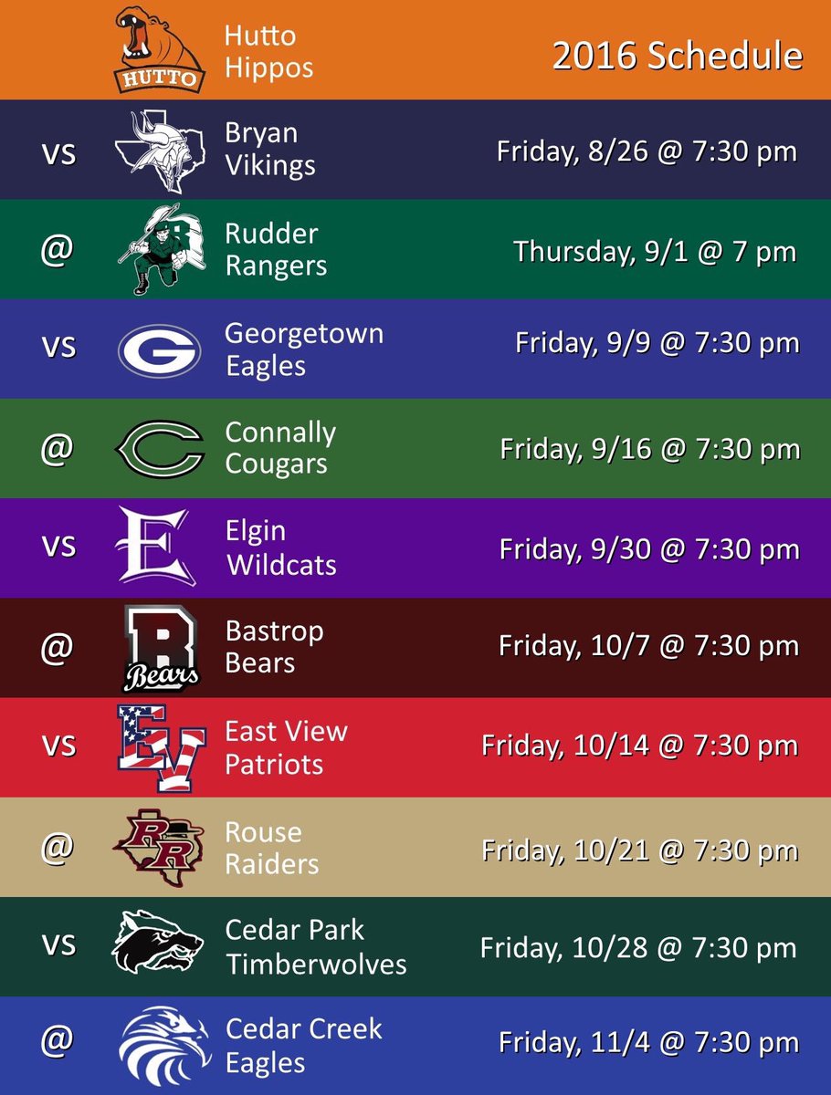 Hutto Football on Twitter "201617 Hutto Hippo Football schedule
