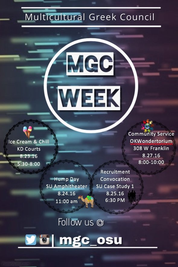 okstatemgc's tweet photo. Come meet the MGC orgs. on our MGC Week. Come get to know us.
#okstate20 #okstate #mgcokstate #mgcweek https://t.co/FOLv9tzOqi