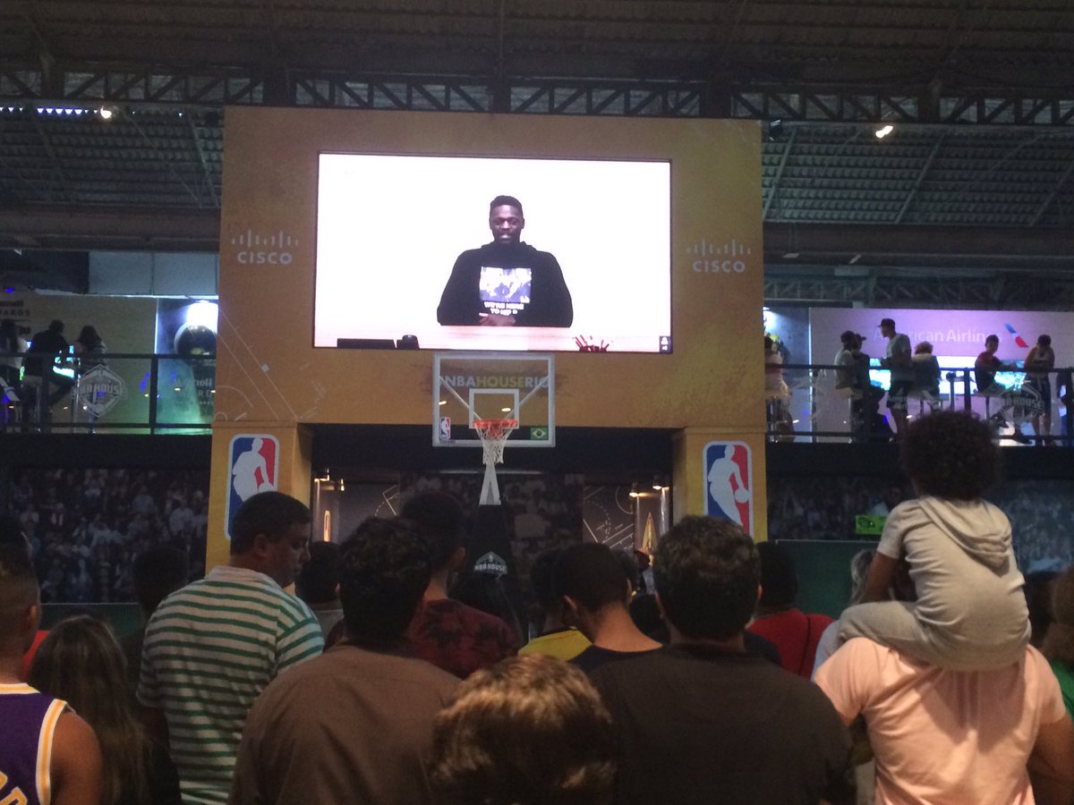 NBAHouse's tweet photo. Fans line up to chat with @J30_RANDLE of the @Lakers at #NBAHouseRio via @Cisco @TelePresence! https://t.co/u1cDZzYB5B