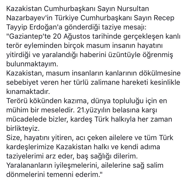 DrHUluer's tweet photo. Kazakistan Cumhurbaşkanı Sayın N.Nazarbayev, Cumhurbaşkanımız Sayın R.T.Erdoğan'a  taziye mesajı gönderdi. 🇹🇷🇰🇿 https://t.co/N0avQlKgHc