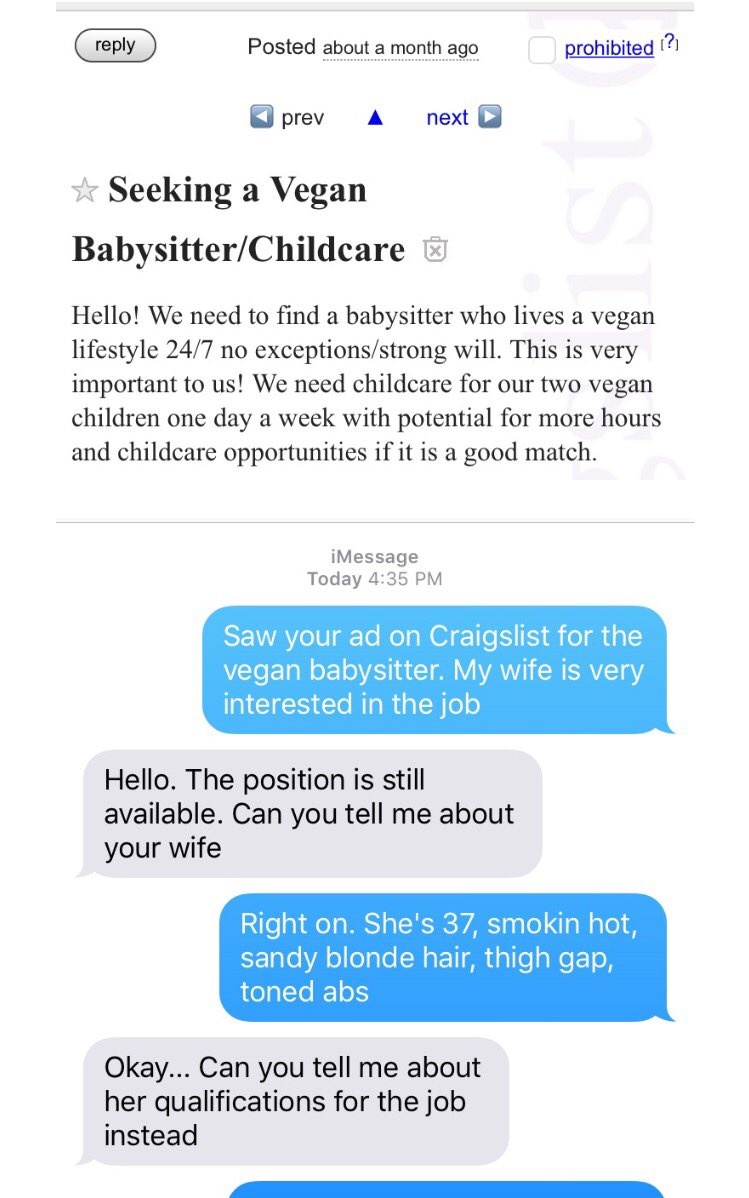 kbnoswag's tweet photo. Messing with vegans on Craigslist >> https://t.co/TF2va1s4UX