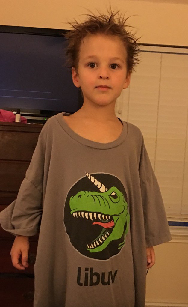 evanhlucas's tweet image. He wanted the dinosaur shirt. Thanks #libuv :]