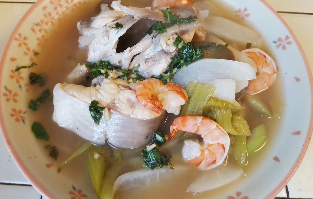 Sonny Le My Filipino Classic Sinagang Tamarind Soup W Catfish Black Tiger Prawns Topped W Fried Garlic Thai Basil