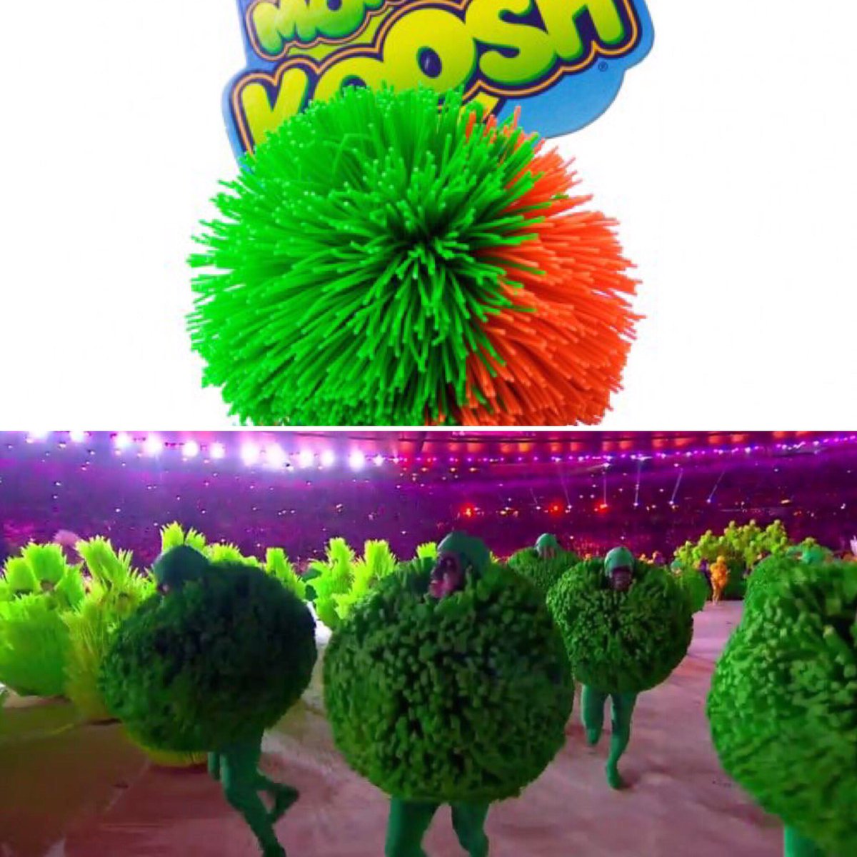 tinaphan's tweet photo. I knew those costumes looked familiar! #koosh #kooshballs #Rio2016 #Olympics #ClosingCeremony https://t.co/Ce3BhnK6F8
