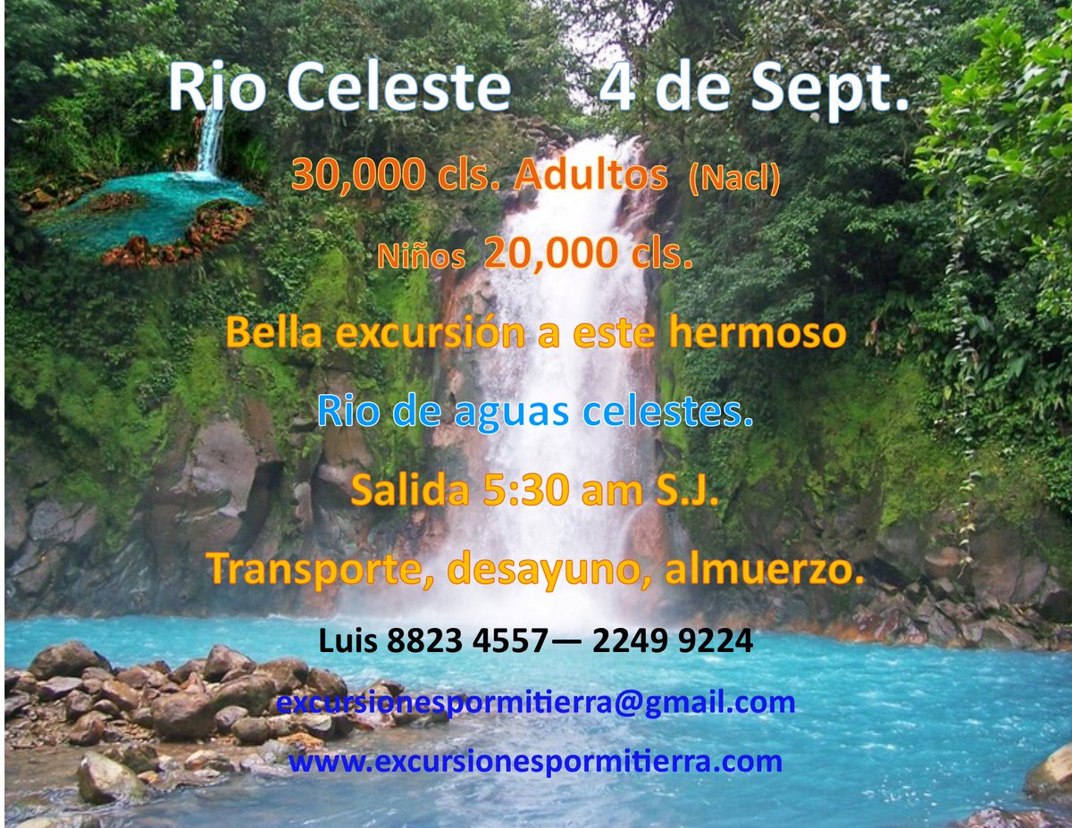ExcursionesTie's tweet image. Bella Excursion a Rio Celeste.
Sept 4 - 5:30 am Catedral de S.J. 
Transporte - Desayuno (Rest El Jardin)
y almuerzo,