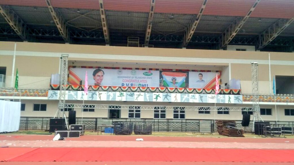 MinisterKTR's tweet photo. Stage set for a grand reception #WelcomeHomeSindhu https://t.co/Ky5YEaFZIe