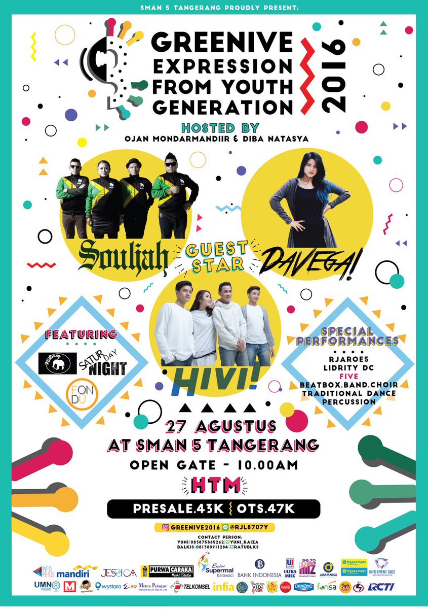 #HiViTrivia Today Stage: Sabtu 27 Agustus 2016 . <a href="/greenive2016/">Green Five Anniv</a> . SMAN 5 Tangerang . 4PM . HTM: 47K