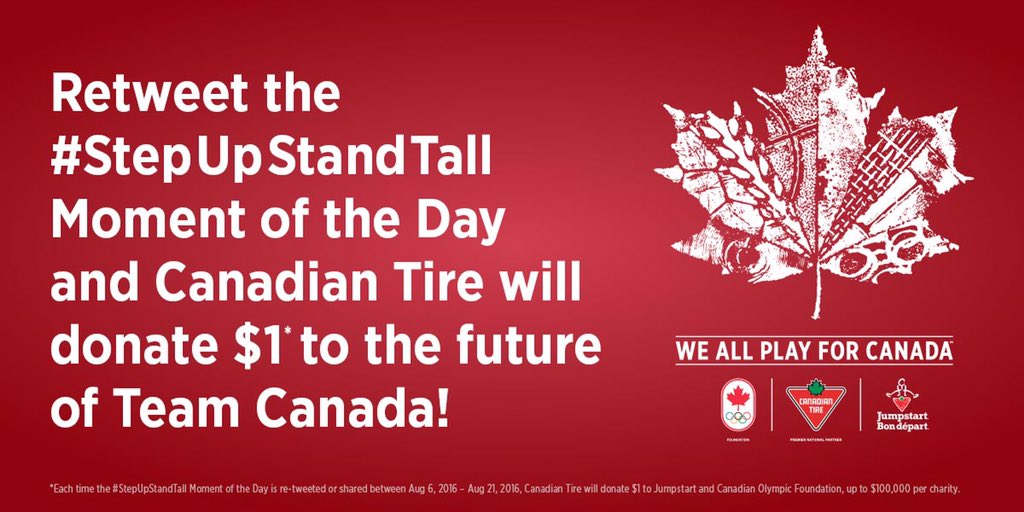 supduckworth's tweet photo. Retweet #StepUpStandTall moments on @CBCOlympics and @CanadianTire will donate $1 to @ctjumpstart and@TeamCanada! https://t.co/CkzWsYiW2g