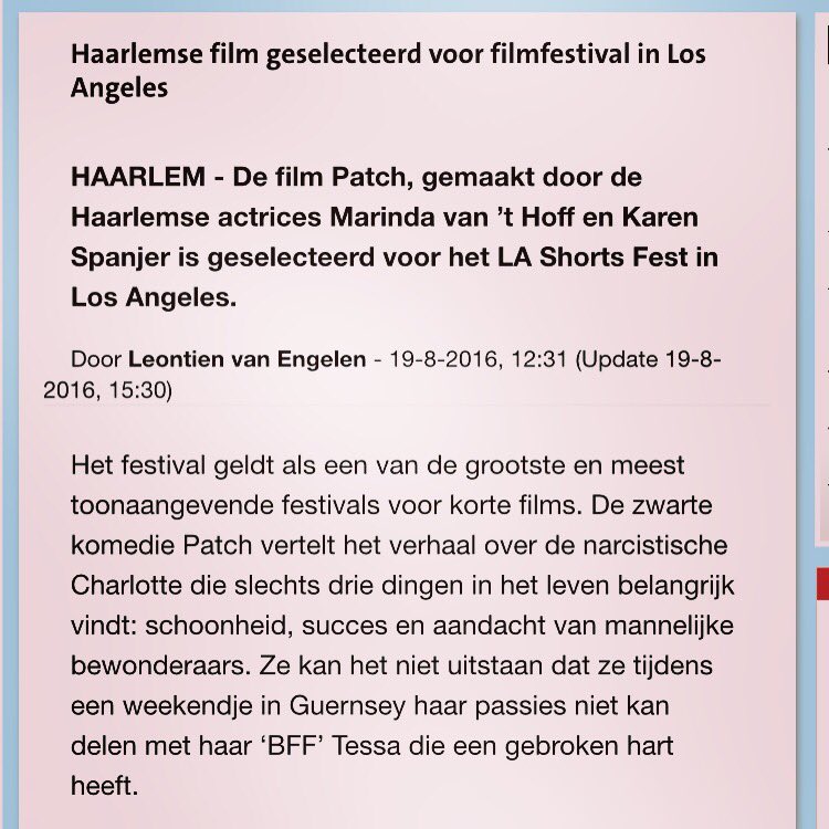DutchCheez's tweet photo. Mooie publicatie op @hdhaarlem LA here we come!
#LAShortsFest #patchmovie #dutchcheez #filmfestival #news #hollywood https://t.co/wlqZOJO9uD