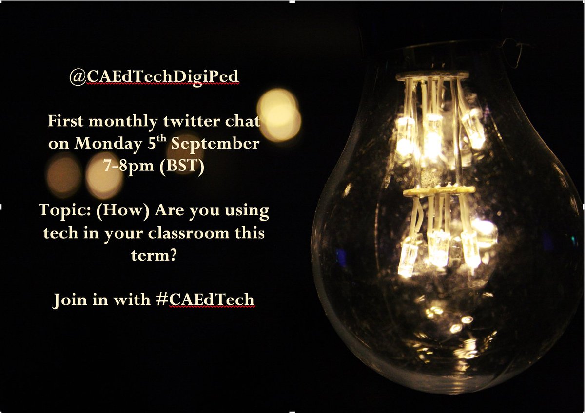 CAEdTechDigiPed's tweet image. 1st twitter chat Mon 5th Sept 7-8pm! Topic: (How) Are you using technology in your classroom this term? #CAEdTech