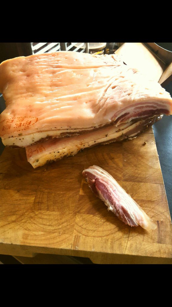STarneberg's tweet photo. Starting to get stuff ready for #babettes #restaurant in #nunhead my homemade bacon. @ButchersBlock1 https://t.co/JtHj3rE1GA