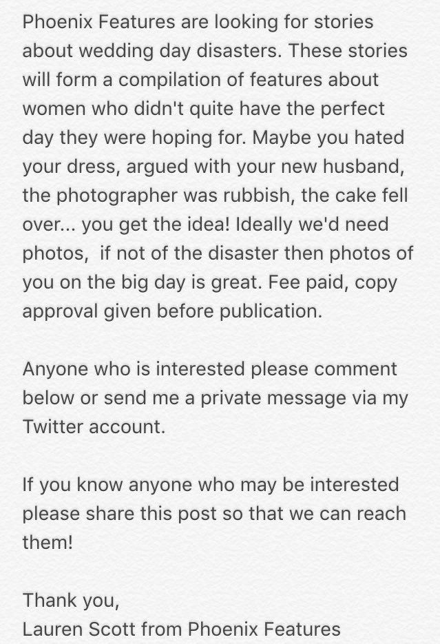 uartimportant's tweet image. Have you experienced a wedding day disaster? Want to share your story for a paid fee? Read below! #weddingdisaster