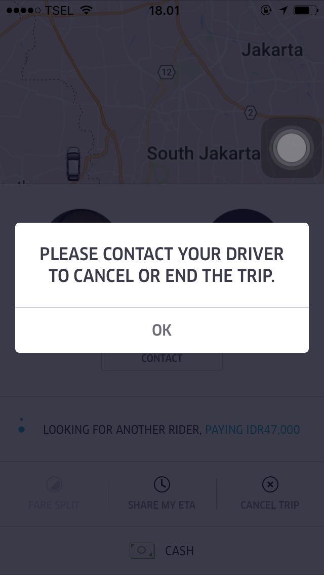 dewdeww's tweet photo. @Uber_IDN ga bisa cancel min, hrs dia yg end trip. Kalo saya yg cancel@keluarnya gini https://t.co/qjkAEacsqB