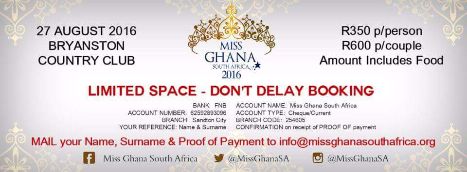 sapr_africa's tweet photo. Just a few more days left till the @MissGhanaSA. Few tickets left. Get yours today. https://t.co/XjEYUpXm84