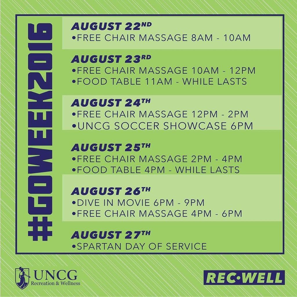 UNCGRecWell's tweet photo. Today begins #GOWeek2016. Check out the full schedule on-line: https://t.co/JnNtjzaYdD https://t.co/uw2sUVZTD5