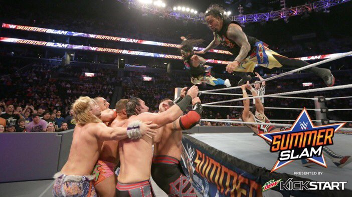WWEUniverseLive's tweet photo. A huge #12ManTag started #SummerSlam Kickoff, presented by @MountainDew Kickstart! https://t.co/SRbm1jgJnl https://t.co/kMeWGlqR2Z