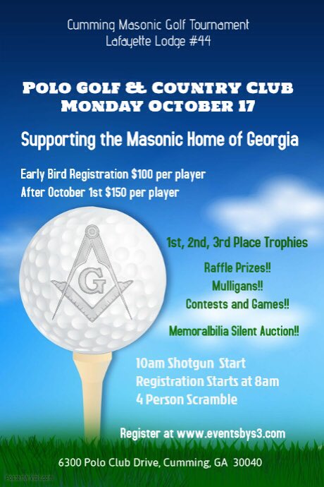 s3_events's tweet photo. Golf tournament Monday October 17. Polo golf and country club Cumning Ga. Come help raise $$ for Masonic Home of GA. https://t.co/V63j9K9vcn