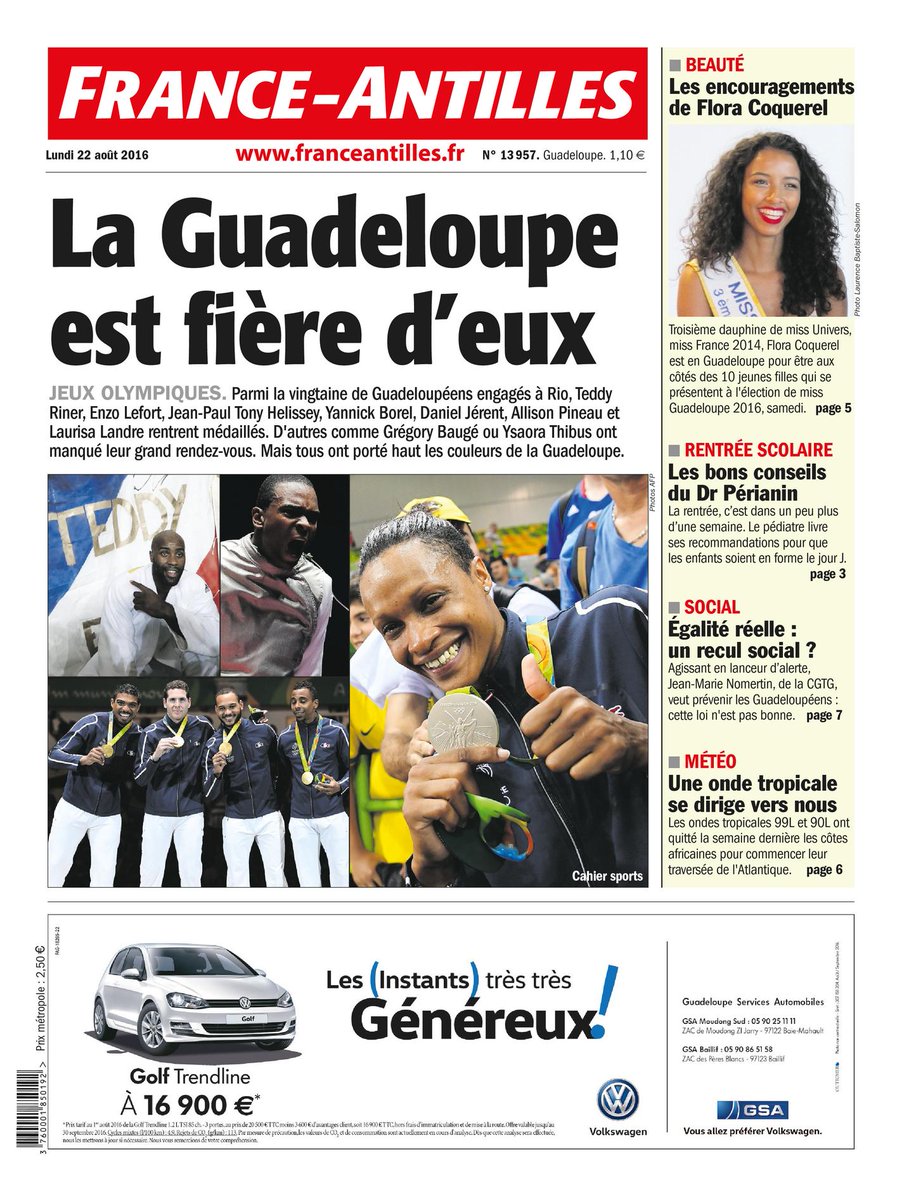 Aujourd'hui à la #Une de votre quotidien en #Guadeloupe :