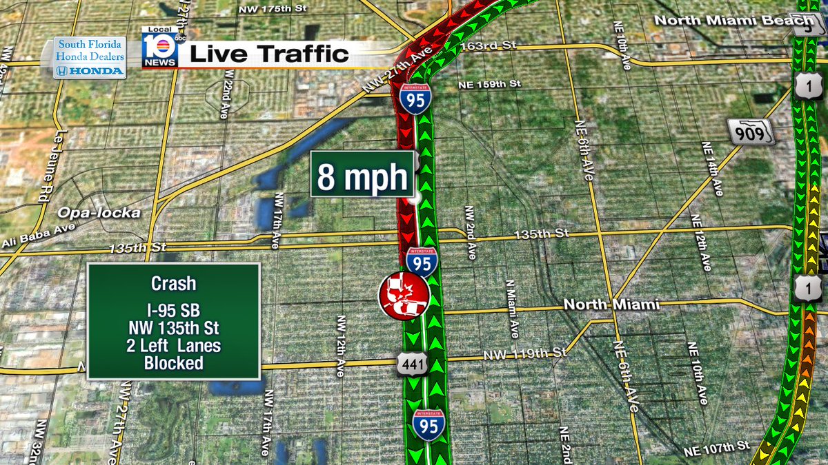 MAJOR delays on I-95 SB at NW 135th St. 2 Left Lanes Blocked #traffic #miami https://t.co/djo0N6ELXG
