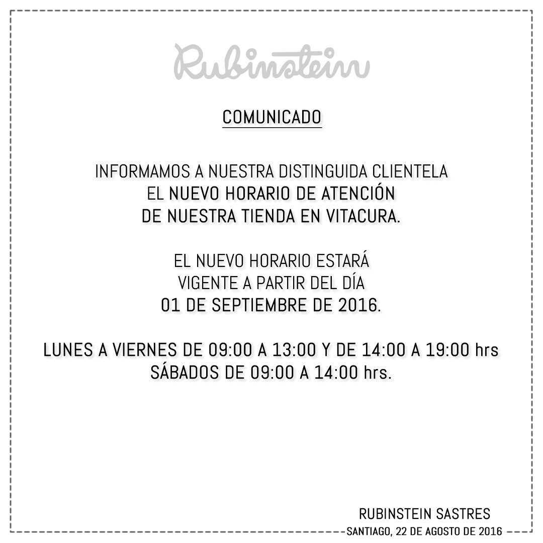 RubinsteinStore's tweet image. Atención, nuevos horarios de atención en tienda #Vitacura.