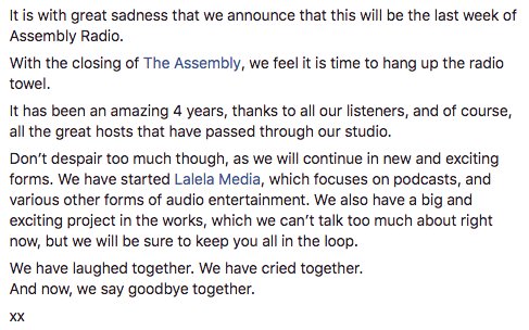 After 4 years of laughs, tears and love, <a href="/AssemblyRadio/">Assembly Radio</a> is coming to an end. 
Thanks for all the vibes!