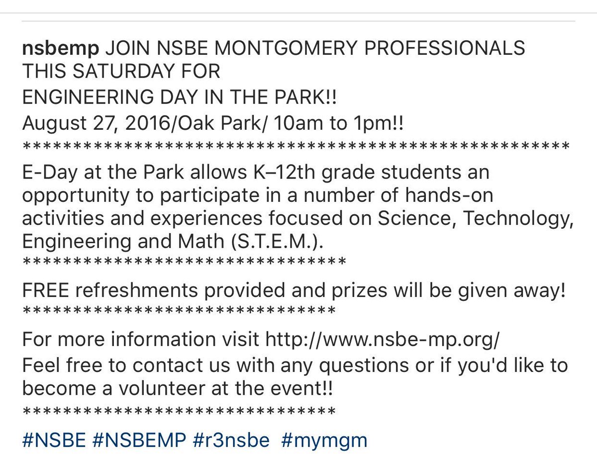NSBEMP's tweet photo. JOIN US FOR ENGINEERING DAY AT THE PARK!! Saturday, Aug 27, 2016 #nsbemp #nsbe #r3nsbe #mymgm https://t.co/4fmn1LAoLo