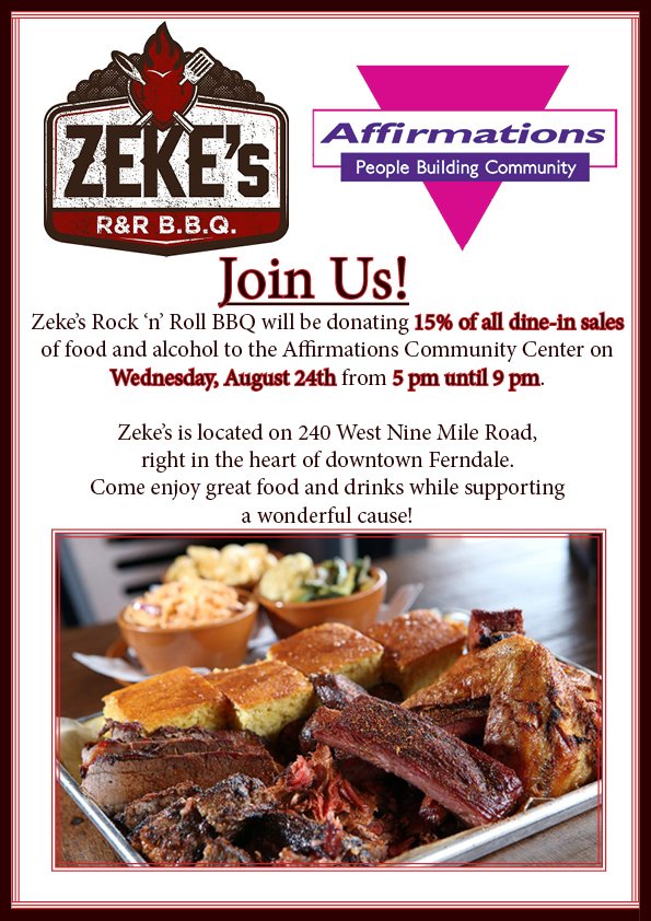 GoAffirmations's tweet photo. Stop by @zekesrnrbbq Wednesday night! 15% of all dine-in sales will be donated to @GoAffirmations from 5 until 9 pm! https://t.co/YpXWbfkZTE