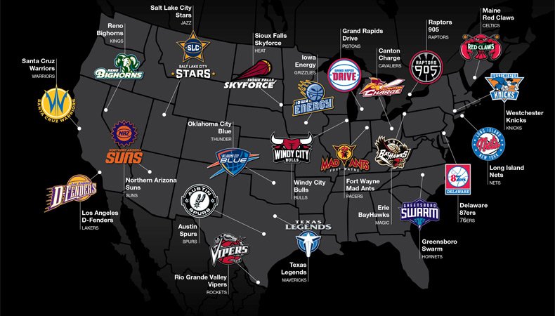 Map of NBA G League Teams  Sports logo, Team logo, League