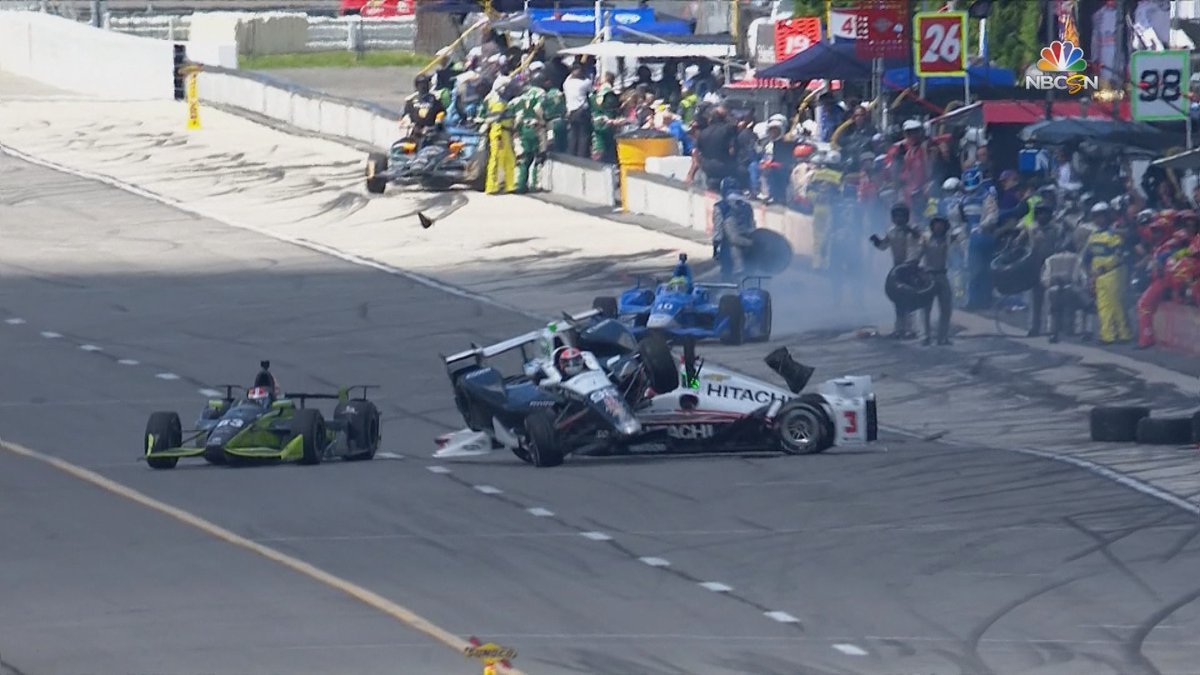NBCSports's tweet image. WATCH: Crazy crash ends with @AlexanderRossi driving over top of @h3lio's car. tw.nbcsports.com/vT8V