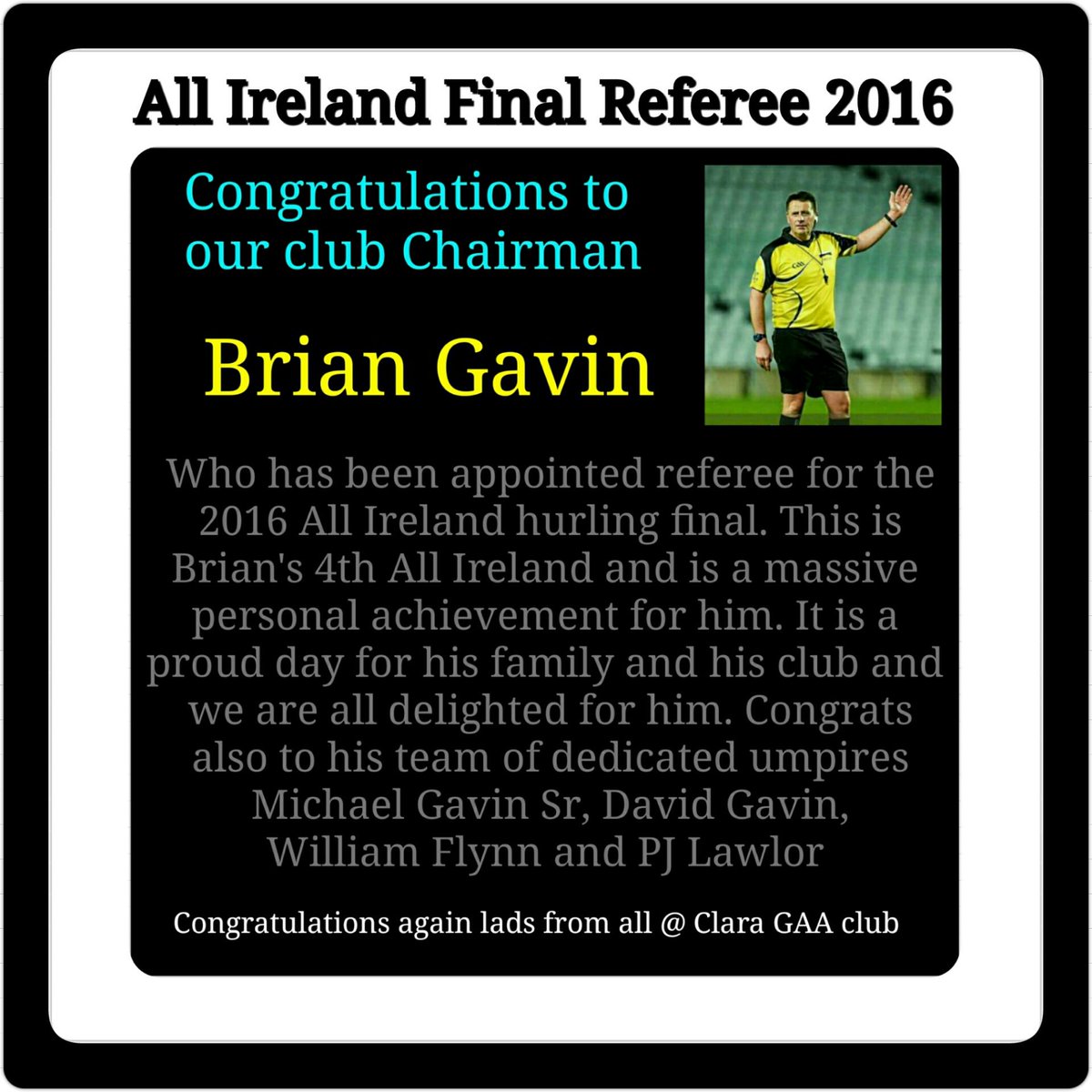 Clara_gaa_club's tweet photo. Congratulations Brian from all @Clara_gaa_club @MidlandsSport @Offaly_GAA  @ShaneLowryGolf @poggypig https://t.co/qhMFQkJB9I