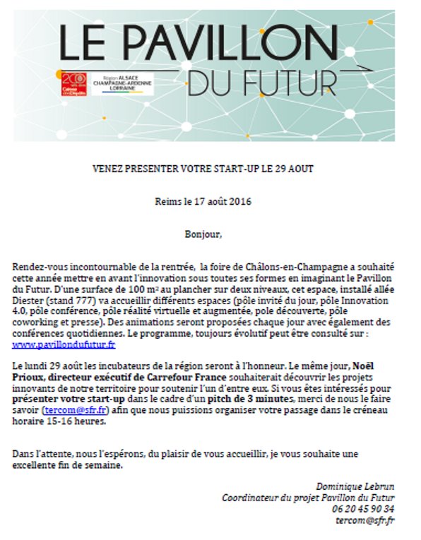 SiB_Reims's tweet photo. venez pitcher votre #startup à @foiredechalons au #paviliondufutur devant Noël Prioux Directeur @CarrefourFrance https://t.co/qVr2YKSHHY