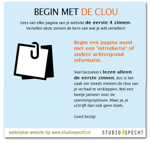 StudioSpecht's tweet photo. Begin je verhaal met de clou. #website #tip van deze week. Meer tips? https://t.co/R3eMmZUG8X https://t.co/2rJE0BILpr