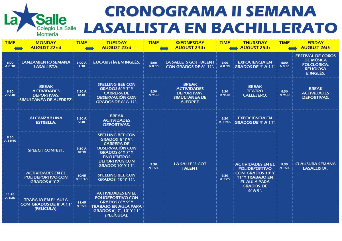 sallemonteria's tweet photo. Conoce la programación de Primaria y Bachillerato para esta Semana Lasallista del 22 al 26 de agosto. #Lasallianweek https://t.co/Mn4N1ma0Ft