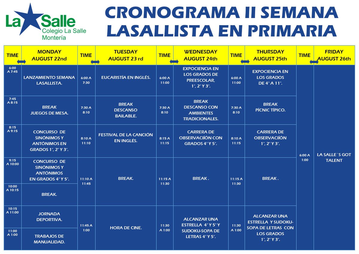 sallemonteria's tweet photo. Conoce la programación de Primaria y Bachillerato para esta Semana Lasallista del 22 al 26 de agosto. #Lasallianweek https://t.co/Mn4N1ma0Ft