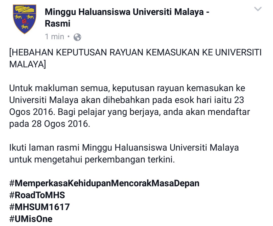 Mingguhaluansiswa Um On Twitter Hebahan Keputusan Rayuan Kemasukan Ke Universiti Malaya Ikuti Laman Sosial Rasmi Mhs Utk Info Terkini Royal12th