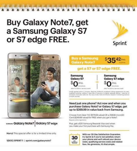 EppingSprint's tweet photo. Buy the new Galaxy Note 7 and get an S7 or S7 Edge free! Combine that with our new unlimited plan! 2 lines $100! https://t.co/rycfsdVnhm