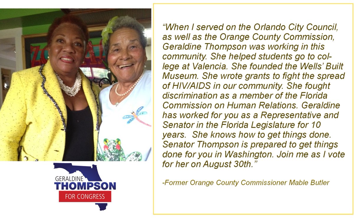 geraldinefl10's tweet photo. I am pleased to have the endorsement of my friend and mentor, former @OrangeCoFL Commissioner Mable Butler. https://t.co/7txHduNGyy