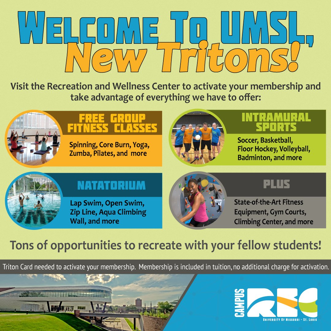 UMSLCampusRec's tweet photo. Welcome to UMSL, New Tritons! Ready to start using the UMSL Recreation and Wellness Center? #umsl #readytorec https://t.co/nx7Lv47u6L