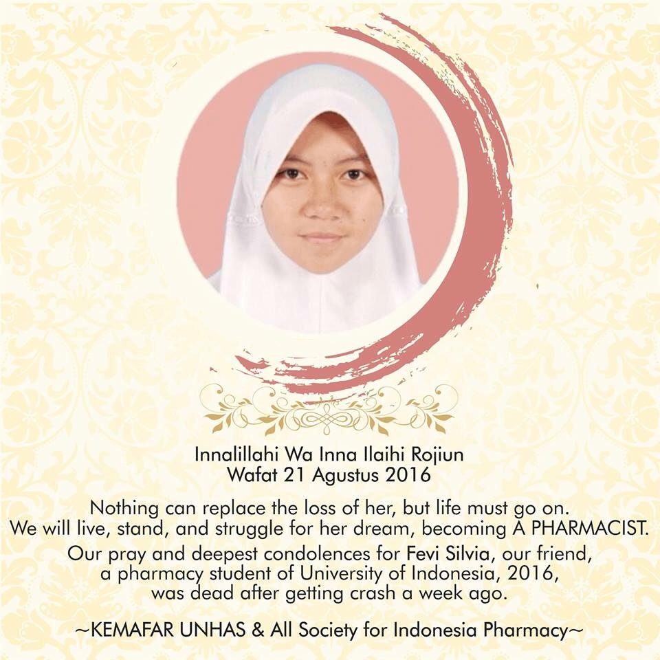 Innalillahiwainnailaihirojiun.Semoga amal ibadah diterima Allah
#prayforfevisilvia
#solidarityofpharmacy
#KEMAFAR-UH