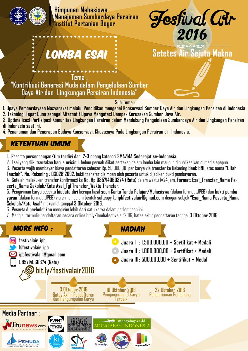 Festival Air 2016 bertemakan"Setetes Air Sejuta Makna" 
selengkapnay di bit.ly/festivalair2016 
#LombaEsai