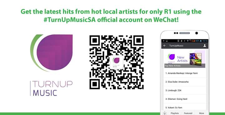 TurnUpMusicZA's tweet photo. Turn Up! Get the latest hits from hot local artists for only R1 using the #TurnUpMusicSA official acc on @WeChatZA https://t.co/jLrb39jdrM