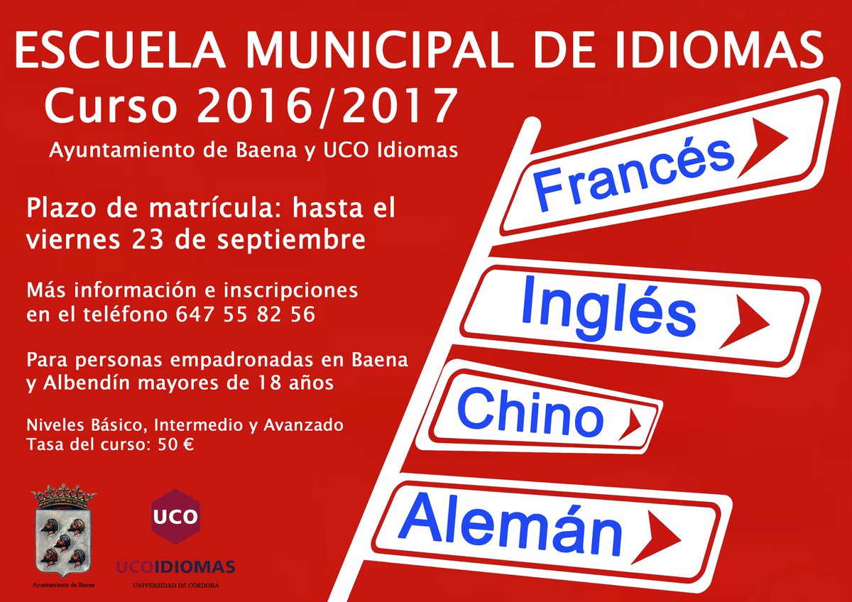 baena_es's tweet photo. Abierto el plazo de matriculación de la Escuela Municipal de Idiomas con cursos de inglés, francés, alemán y chino https://t.co/N1ZfGmHI4i