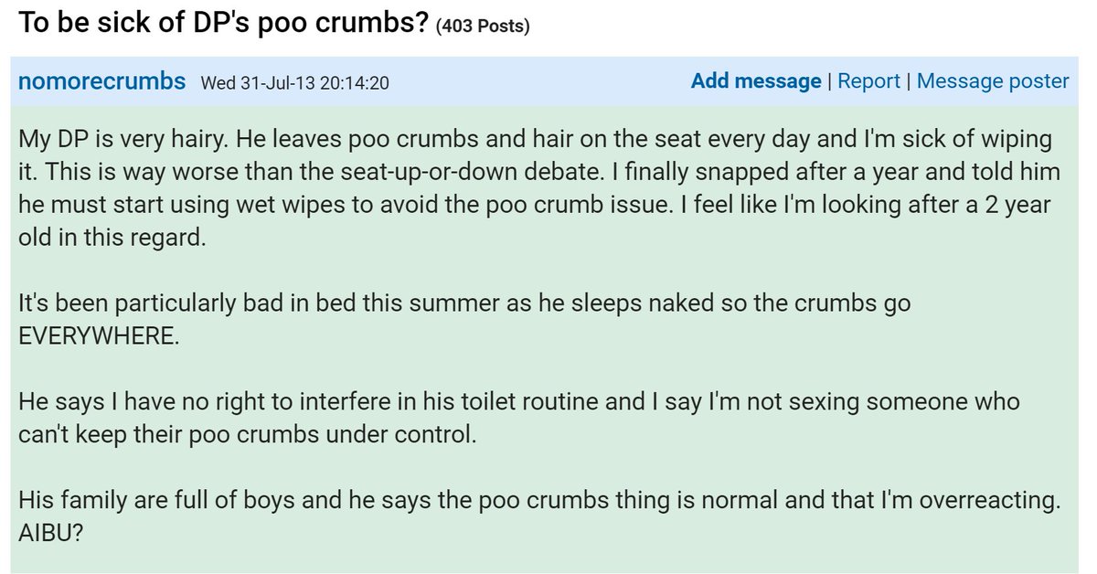 'He leaves poo crumbs and hair on the seat every day and I'm sick of wiping it.'